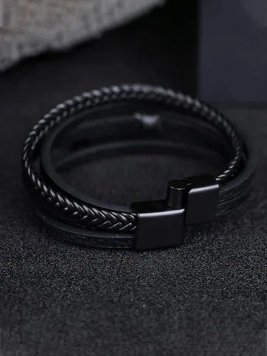 Vista 7 de Pulsera de cuero para hombre con cruz trenzada de varias capas con cierre de acero inoxidable, regalos religiosos cristianos para él