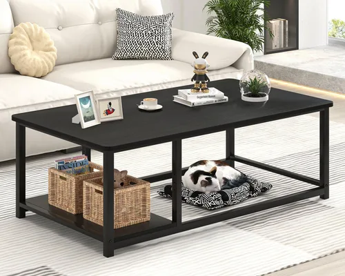 Vista 6 de EXCEFUR Mesa de centro negra, mesa de sala de estar de madera rústica con estante de almacenamiento, mesa central rectangular moderna, 47 pulgadas