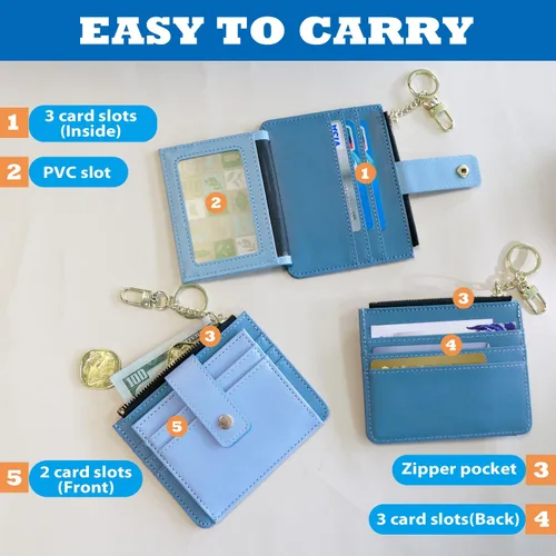 Vista 3 de Deziliao Funda delgada para tarjetas de crédito con bloqueo Rfid para mujer, cartera con cremallera, cartera pequeña y compacta de cuero
