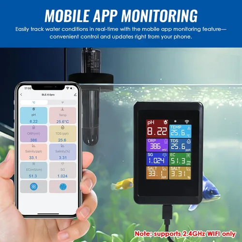Vista 2 de TEKCOPLUS - Medidor digital de pH con sonda para acuario, hidroponía, piscinas, estanques, laboratorios, 8 en 1, mide pH Temp TDS EC Salinidad ORP