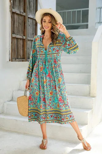 Vista 3 de R.Vivimos - Vestidos por debajo de la rodilla, de manga larga, con estampado floral, de estilo retro y bohemio, con cuello en V y borlas para mujer