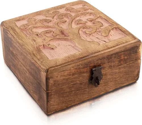 Vista 9 de Gran regalo de cumpleaños, caja de joyería decorativa de madera hecha a mano con tallado del árbol de la vida, cerradura y llave, organizador