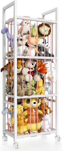 Vista 11 de Almacenamiento de animales de peluche, soporte de metal para animales de peluche con ruedas y cordones elásticos, organizador de juguetes