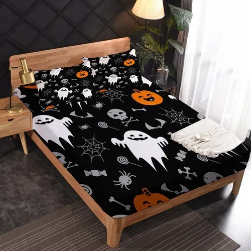 Vista 2 de Juego de sábanas de Halloween para niños y niñas, juego de sábanas espeluznantes de tela de araña, calabaza fantasma, microfibra suave, bolsillo
