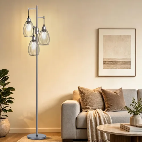 Vista 11 de Lámpara de pie regulable, 3 bombillas LED Edison de 800LM incluidas, lámpara de pie industrial de granja lámpara de árbol de pie con elegante jaula