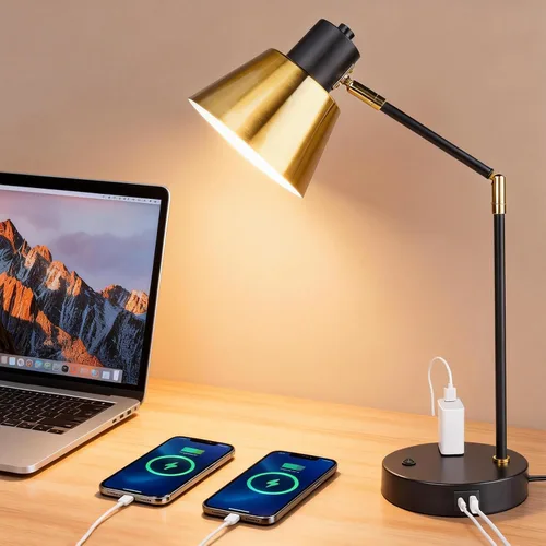 Vista 9 de Lámpara de escritorio con USB-C, USB-A y toma de CA, lámpara de escritorio de metal ajustable con cabezal giratorio de 340°, lámpara de mesa
