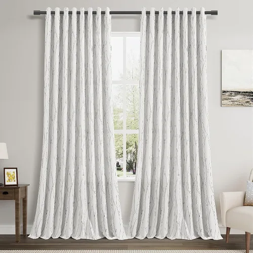 Vista 31 de Joywell Cortinas jacquard con ojales para sala de estar, 108 pulgadas de largo, línea ondulada negra con patrón de puntos, cortinas bordadas