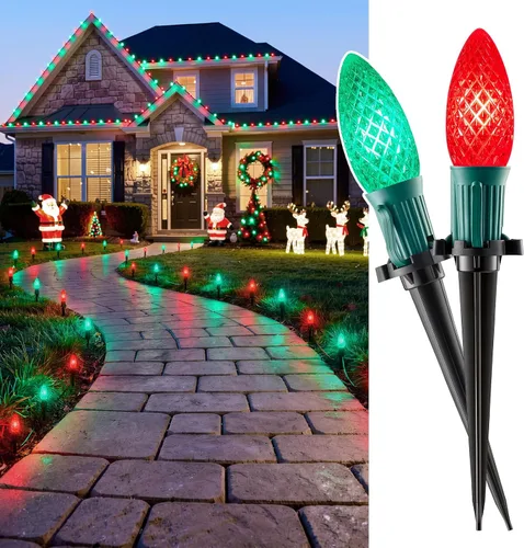 Vista 15 de Luces de cadena LED C9 de Navidad para exteriores, 26 pies, 20 luces LED de sendero de Navidad con 20 estacas de plástico, conectables e Rojo