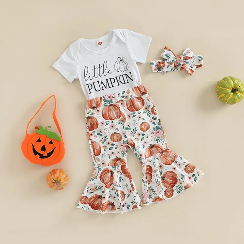 Vista 6 de Lamuusaa Traje de Halloween para bebé recién nacida, disfraz de calabaza de manga corta, enterizo con pantalones acampanados, diadema y disfraces