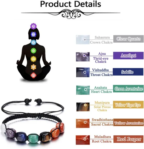 Vista 4 de Top Plaza Pulsera de yoga de 7 chakras con piedra curativa de reiki, piedras preciosas naturales, pulseras de cuerda trenzada para mujeres y niñas