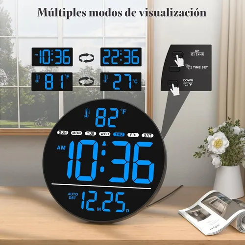 Vista 5 de Reloj de pared digital eléctrico grande con pantalla LED PLUG IN clock with Temperature, Auto DST, Date and Day, 5-Level Brightness for Office