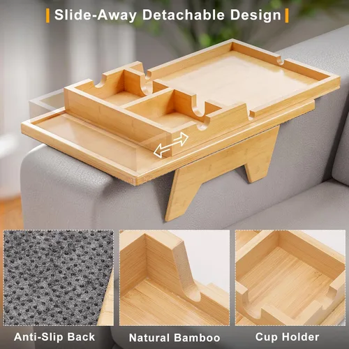 Vista 2 de Bestjing Bandeja de bambú para portavasos de sofá – 2 en 1 con soporte doble desmontable Be Slide-Away – Sofá sillón Caddy para beber aperitivos