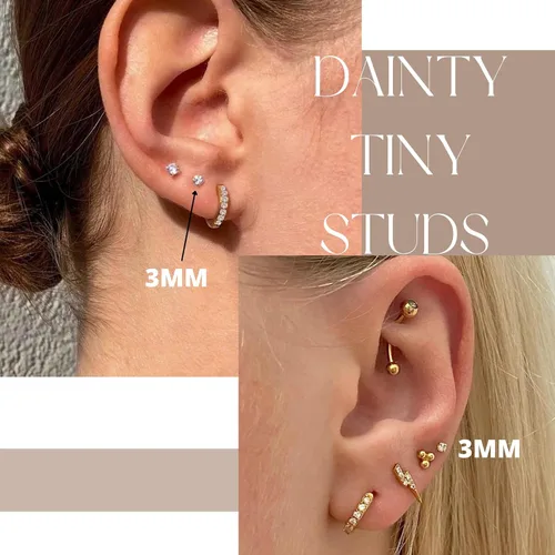 Vista 4 de 3mm Tiny CZ Flat Back Stud Earrings,14K Gold Small Screw on Cubic Zirconia Earrings for Cartilage Helix Tragus Piercing Jewelry Gift for Women Girls