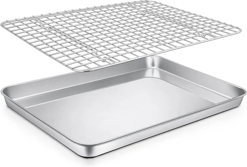 Vista 8 de P&P CHEF, bandeja para horno tostador de 9 pulgadas con juego de rejilla, bandeja de hornear de acero inoxidable y rejilla de enfriamiento