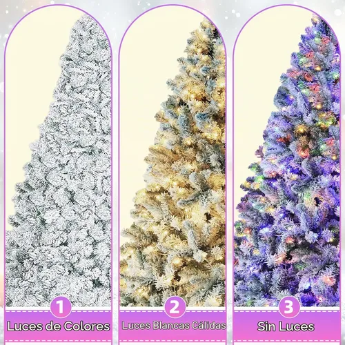 Vista 4 de Árbol de Navidad flocado de 6.5 pies, 330 luces LED blanco cálido y multicolor, 983 puntas de ramas de PVC, control remoto, pedal de pie, 10 modos
