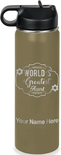 Vista 42 de LaserGram Botella de agua con tapa abatible de doble pared de 12 onzas con pajilla, la tía más grande del mundo, grabado personalizado incluido Negro
