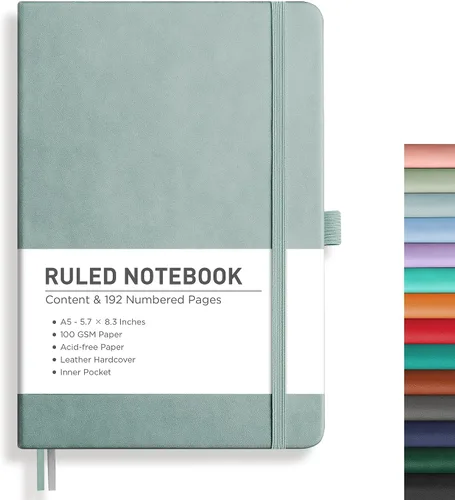 Vista 36 de RETTACY Cuaderno de diario con puntos y viñetas, 192 páginas, tamaño mediano A5 (5.7" x 8.3"), tapa dura de cuero, papel grueso de 100 gsm