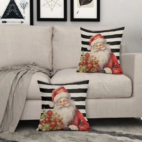 Vista 3 de Juego de 2 fundas de almohada navideñas de 20 x 20 pulgadas, diseño de Papá Noel, diseño floral rojo, a rayas, para exteriores, estilo granja