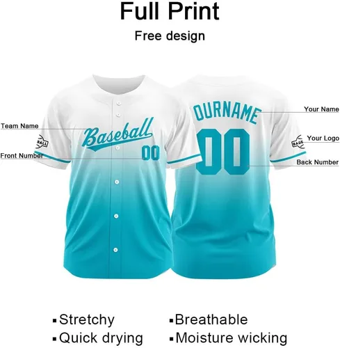 Vista 3 de Camiseta de béisbol con degradado personalizado, nombre, número y logotipo personalizados para hombres, mujeres y niños