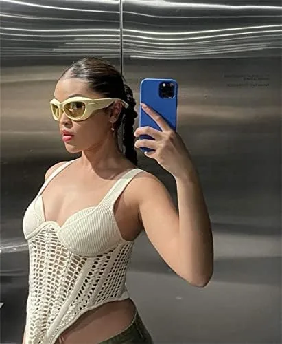 Vista 7 de SORVINO Gafas de sol ovaladas futuristas para mujeres y hombres, lentes envolventes de gran tamaño para mujeres y hombres, tonos beige y ros