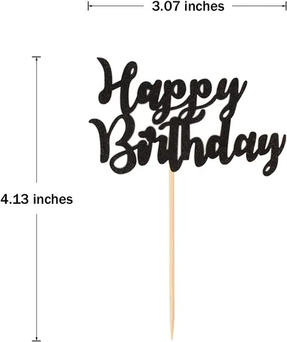 Vista 2 de 48 piezas de decoración para cupcakes de feliz cumpleaños, color negro, con purpurina, suministros de decoración de fiesta de cumpleaños