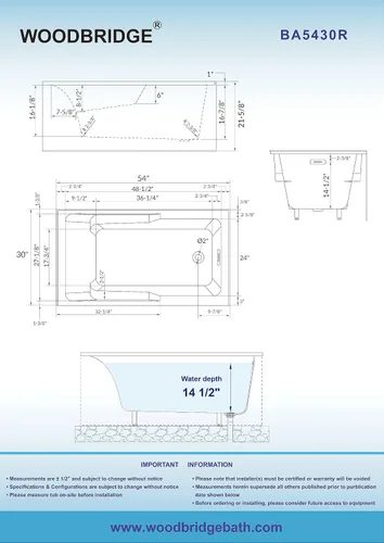 Vista 5 de WOODBRIDGE Bañera rectangular de acrílico de 60 pulgadas en blanco con drenaje derecho, drenaje desplegable de níquel cepillado incluido BA6030R
