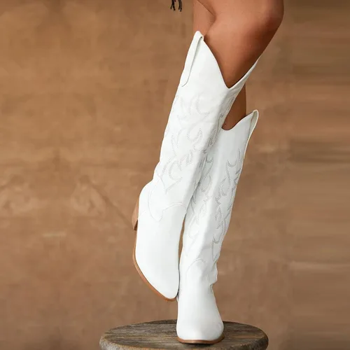 Vista 6 de Vimisaoi - Botas vaqueras para mujer, estilo retro, puntiagudas, de meter, pantorrilla ancha, tacón de bloque alto y grueso, bordadas, hasta