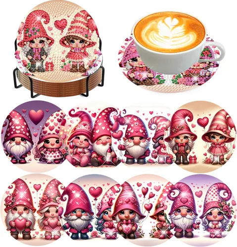 Vista 22 de Meothan Juego de 8 posavasos de arte de diamante para adultos con soporte, almohadillas de corcho, posavasos de arte de puntos de diamante de vidrio