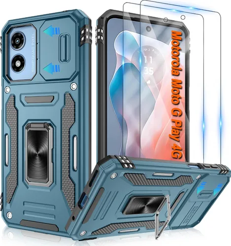 Vista 45 de Atump Funda para Motorola Moto G Play 2024 (4G) con [paquete de 2] protector de pantalla HD y cubierta para cámara deslizante, soporte de anillo
