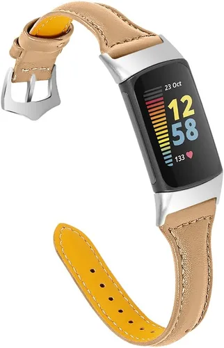 Vista 7 de Leather Strap Compatible with Fitbit Charge 6/Charge 5 Strap, Women Men Genuine Leather Sport Band Replacement Watch Wristband Bracelet for Charge 6