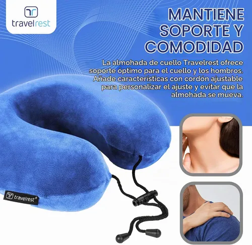 Vista 8 de Almohada terapéutica de viaje Travelrest, viscoelástica, de felpa, con cobertura de microfibra lavable, se engancha al equipaje, Memory Foam, Azul