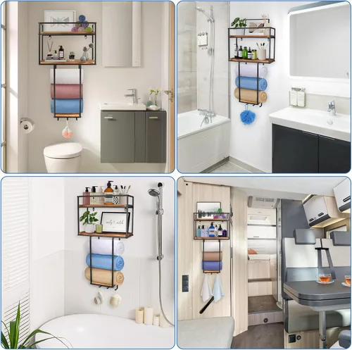 Vista 4 de MOUGIGI Toallero montado en la pared, diseño que ahorra espacio para baños pequeños, organizador versátil para toallas, mantas y más, ideal