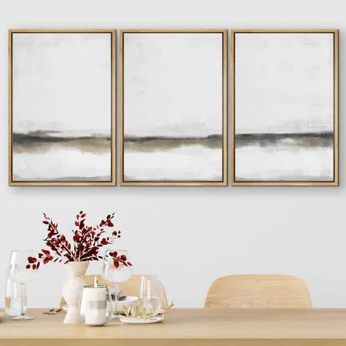 Vista 434 de SIGNFORD - Set de obras de arte en lienzo enmarcado para pared, ilustraciones abstractas de neblina del desierto en tonos neutros beige y marrón