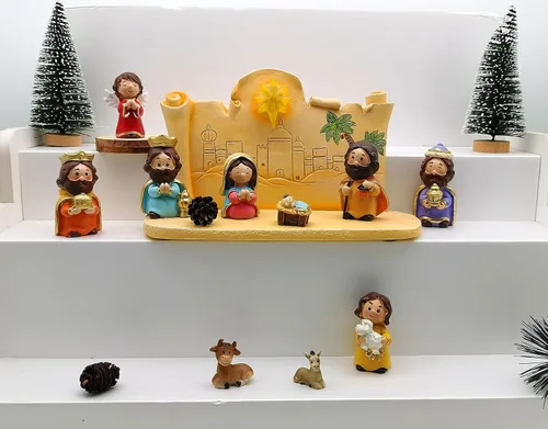 Vista 2 de Decoración Navideña Juego de Natividad en Miniatura, 11 piezas Juego de Figuras Religiosas de Decoración Navideña Incluye Escena del Establo