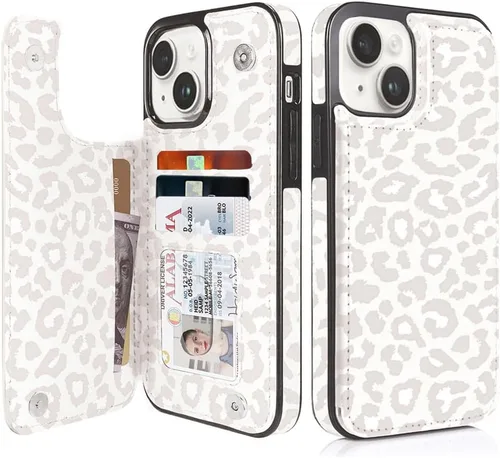 Vista 58 de uCOLOR - Funda tipo cartera para iPhone 15 con tarjetero y diseño de lunares con leche de almendra Bloqueo RFID de piel sintética para mujeres
