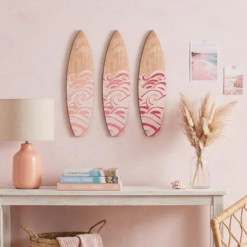 Vista 8 de RattanView Juego de 3 piezas de decoración de pared de tablas de surf de 11.8 x 3.4 pulgadas, tabla de surf de madera ondulada, playa, verano