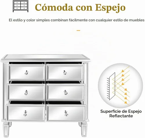 Vista 8 de VINGLI Cómoda con espejo para dormitorio con 6 cajones de almacenamiento, cómoda moderna, color plateado, 32 pulgadas de largo x 12 pulgadas