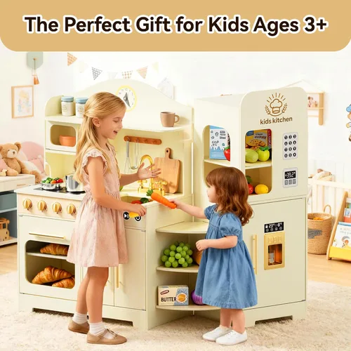 Vista 8 de Juego de cocina para niños con diseño giratorio, juego de cocina de madera para niños con máquina de hielo, juego de cocina de juguete para niños