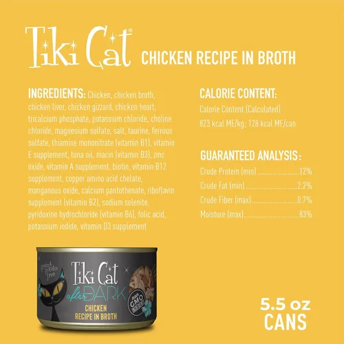 Vista 4 de Tiki Cat After Dark, pollo, alto contenido en proteínas y 100% ingredientes no transgénicos, alimento húmedo para gatos adultos, latas de 5.5 onzas
