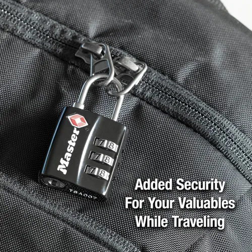 Vista 4 de Master Lock Cerradura de equipaje negra aprobada por la TSA con cuerpo de bloqueo ancho y grillete de acero fino y duradero, cierre de cremallera
