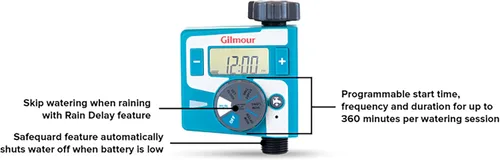 Vista 3 de Gilmour Temporizador electrónico de agua de salida única para manguera de jardín, temporizador de riego para rociadores y líneas de goteo, azul