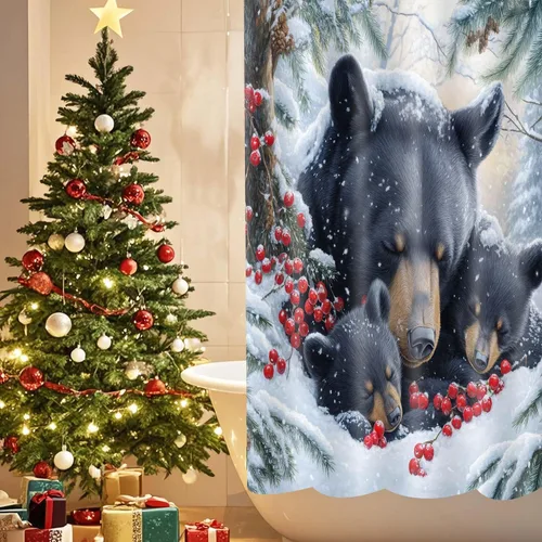 Vista 4 de Wathon Cortina de Ducha de Oso Negro de Invierno Escena Nevada Cortina de Baño con Osos Abrazándose Rodeados de Nieve y Bayas Rojas, Decoración