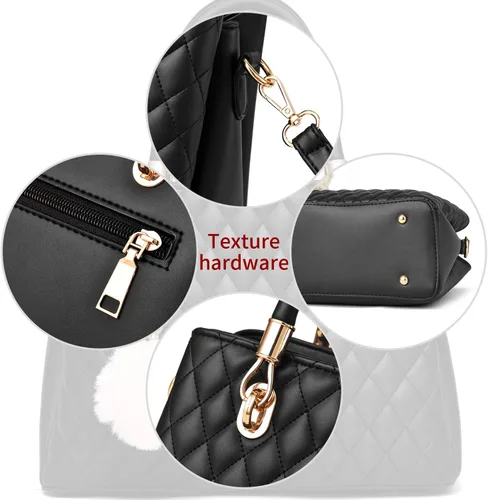 Vista 5 de Bolso de mano de cuero para mujer, bolso de hombro acolchado con asa superior para mujer con pompón