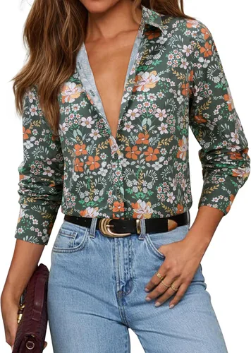 Vista 17 de siliteelon Camisas con botones para mujer, camisa de vestir de algodón de manga larga con cuello, camisa de negocios, trabajo, oficina, blusa