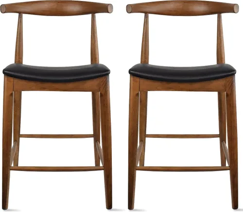 Vista 12 de 2xhome Taburete de bar de altura de mostrador con codo, marco de madera, taburetes de bar con respaldos abiertos, cojín de cuero PU oscuro, negro