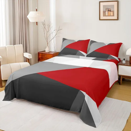 Vista 20 de Juego de sábanas de triángulo geométrico, color naranja, gris oscuro, gris claro, juego de ropa de cama individual para adolescentes y niñas, juego