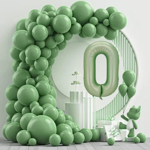 Vista 2 de Globos de números verde salvia para decoración de fiesta de cumpleaños de 40 pulgadas, globo grande del número 0