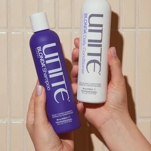 Vista 6 de UNITE Hair BLONDA Champú Púrpura, 8 Fl Oz Champú tonificante para cabello rubio, gris y resaltado Neutraliza los tonos cobrizos y amarillos