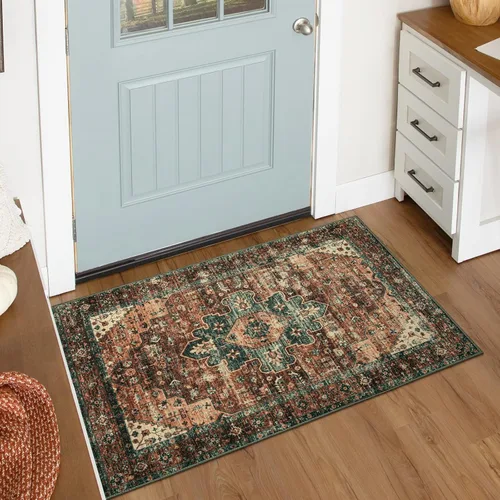 Vista 21 de Moynesa Alfombra ultra fina lavable de 2 x 3 pies, alfombra pequeña de cocina para entrada, interior, antideslizante, tapete vintage para puerta