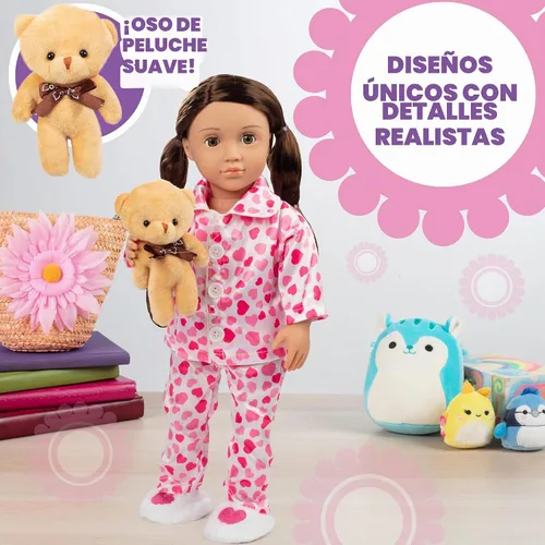 Vista 6 de Conjunto de 4 piezas de muñeca de pijama de corazón rojo y rosa con oso de peluche, ropa y accesorios de muñeca de 18 pulgadas compatibles